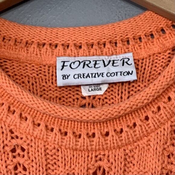 Vintage 80s Cotton Sweater Size Large Orange Roll Neck Hem Fisherman Dopamine - Picture 4 of 6